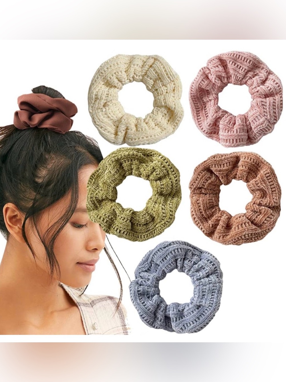 🌸. Cozy Knit Scrunchie Hair Tie - 6-Pack (Cream, Pink, Olive, Rust, Blue, Brown)